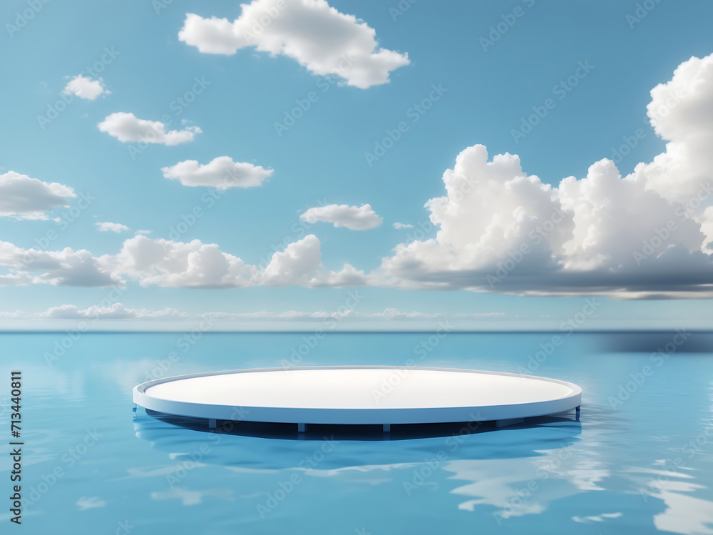 Abstract minimal concept. Beautiful blue sky clouds landscape background with podium stage platform on water. Mock-up template for product presentation design. 3D rendering. copy text space
