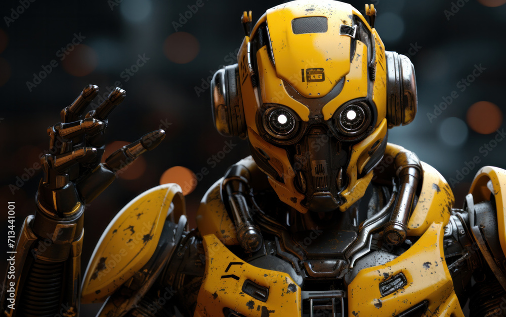 Fototapeta premium An orange robot worker is operating at the factory, generative AI