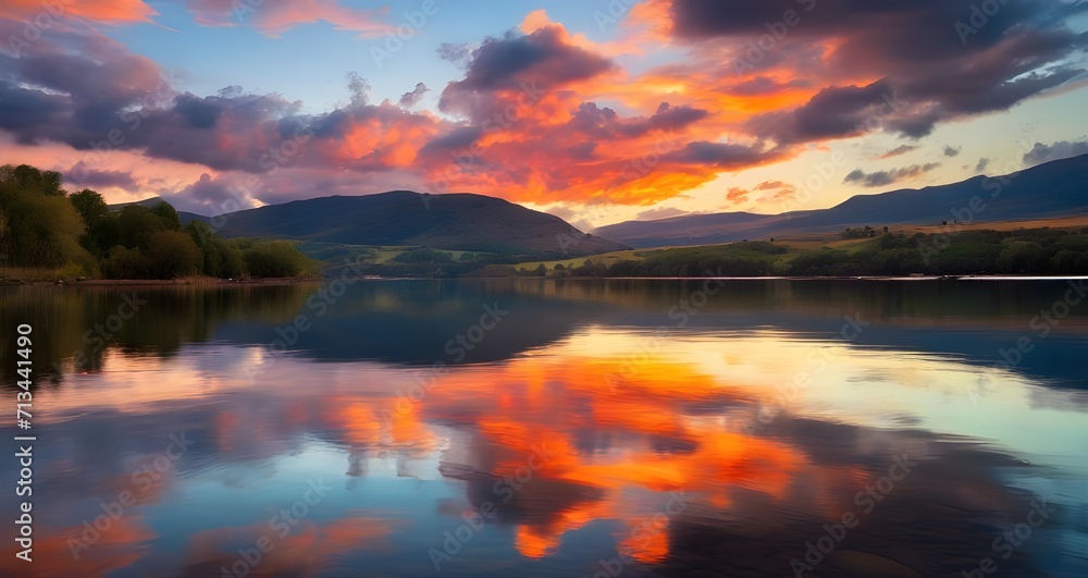 sunset over a serene lake, with colorful reflections shimmering