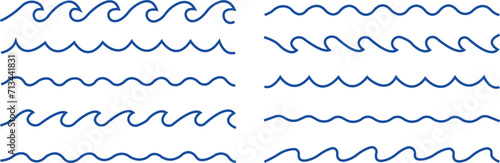 bundled wave icon logo vector minimal design element set, line art wave pack logo design, simple doodle wave. flat simple lines, Sea wave icon. Water logo, line ocean symbol in vector trendy style.
