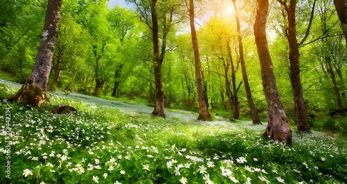 green trees and flowers in spring, green unspoiled nature concept