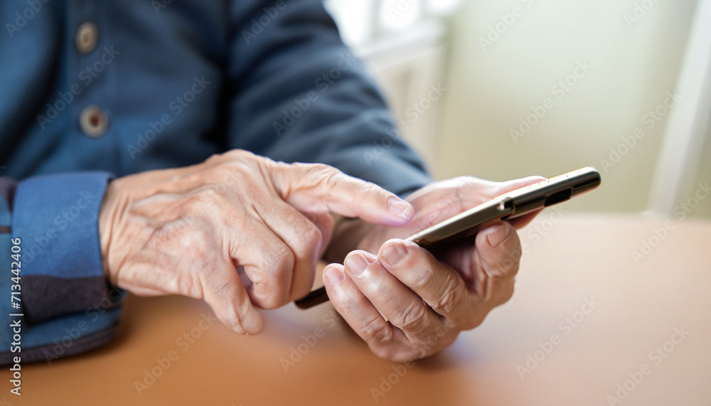 スマートフォンを使うシニア男性の手元 スマートフォンを使うシニア男性の手元