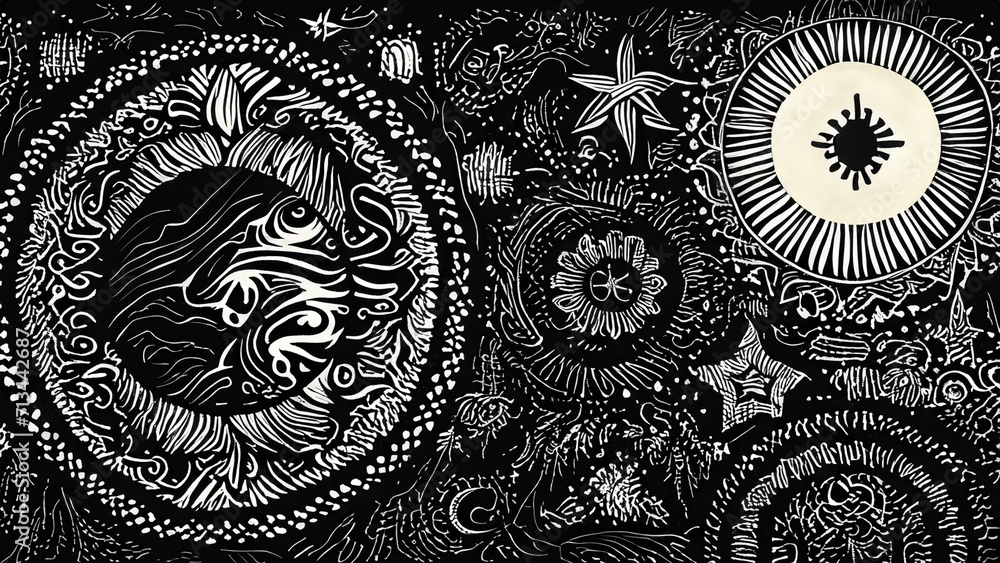 Black and white wallpaper with antique Aztec pattern with stars, sun and moon 4K