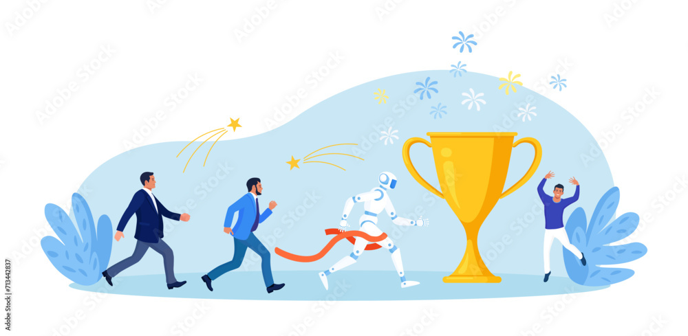 Artificial intelligence vs human. Business competition. Business people and robot running race together. Future automation. Robotic machine and employees Artificial intelligence vs human. Business competition. Business people and robot running race together. Future automation. Robotic machine and employees