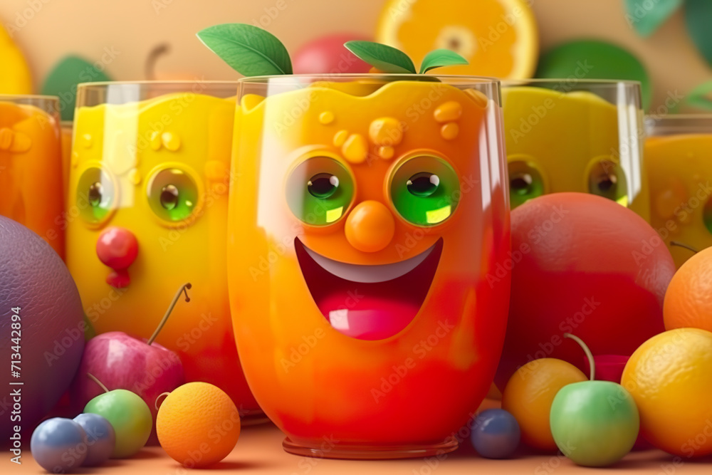 glass of multifruit juice character smiling