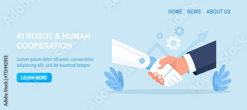 Handshake human and android. Contract with ai robot, technology professional partnership. Businessman and artificial intelligence shaking hands. Future cooperation, technology Advance, innovation