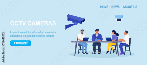 Corporate control. Personal security, face authentication. Video surveillance and CCTV cameras provide safety. Security camera takes pictures of office workers. Protection of workers