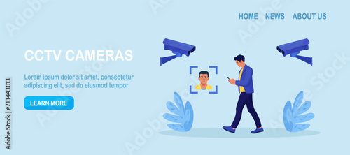 Security camera technology. Biometric facial recognition. Personal security control authentication. Video surveillance and CCTV cameras provide safety
