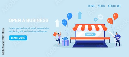 Business owner and entrepreneur start small business or retail shop. New online store  website. Businessman holding scissors in his hand cuts red ribbon Opening internet store