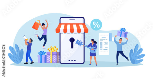 Business owner and entrepreneur start small business or retail shop. New online store, website. Woman opens the lock with a key. Opening internet store
