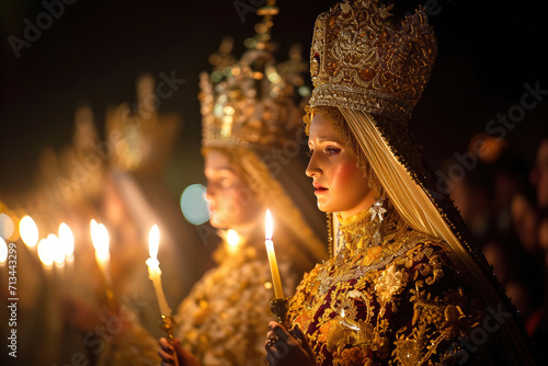 Semana Santa en España: Imágenes de cristos y Vírgenes, Procesiones religiosas con figuras tradicionales y vestimenta tradicional, semana santa de sevilla, Generado con IA photo