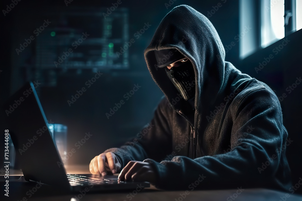 Futuristic style Hooded Hacker with mask using Laptop Break or Attack into Data server Futuristic style Hooded Hacker with mask using Laptop Break or Attack into Data server