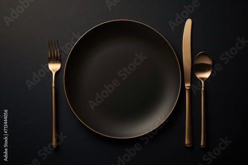  a black plate with a gold rim next to a fork and knife on a black surface with a black background.