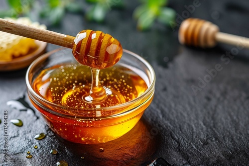 jar of honey with wooden dipper
