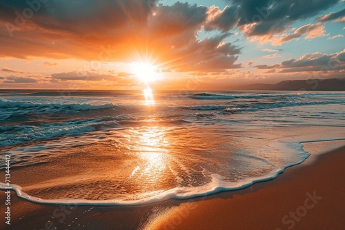 sunset sea water sky ocean sun beach #713444412