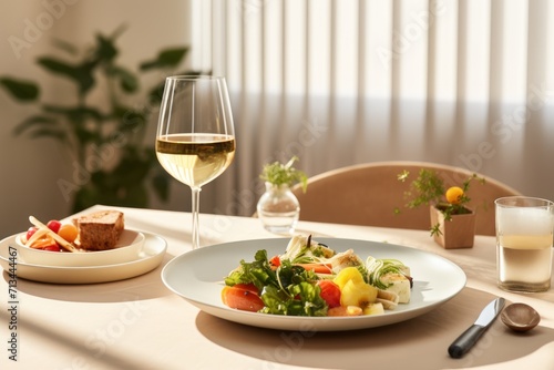  a plate of food and a glass of wine on a table with a vase of flowers and a glass of wine.