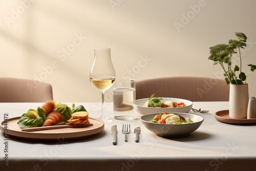  a white table topped with a bowl of salad and a bowl of salad next to a glass of white wine.