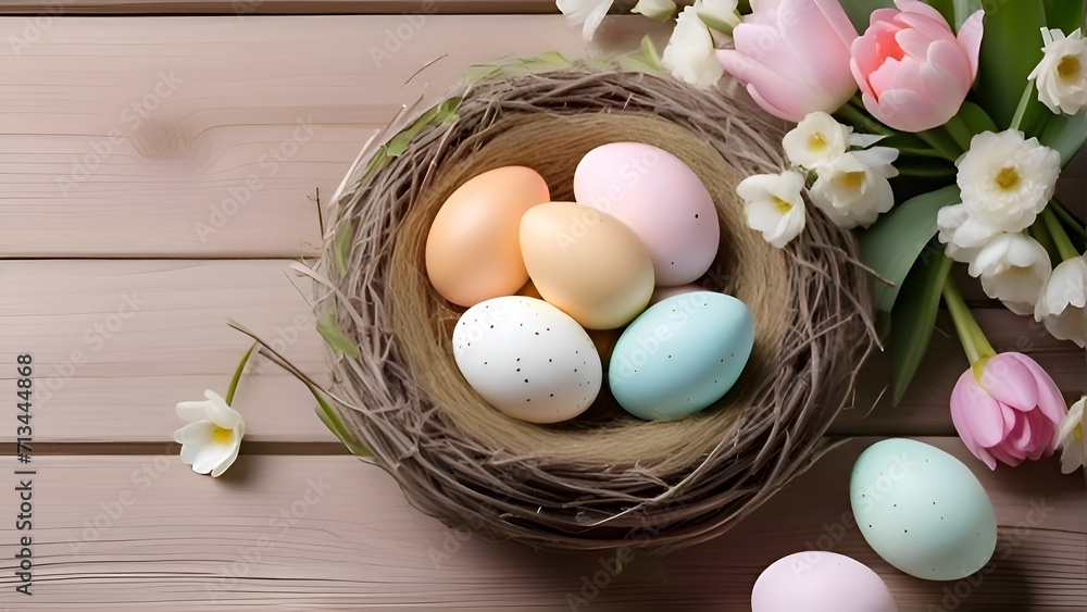 easter eggs in a nest with flowers on a table, easter, seasonal, eggs, translucent eggs, eggshell color, pastel coloring, may, enhanced photo, holding easter eggs, in pastel colors. Generative ai