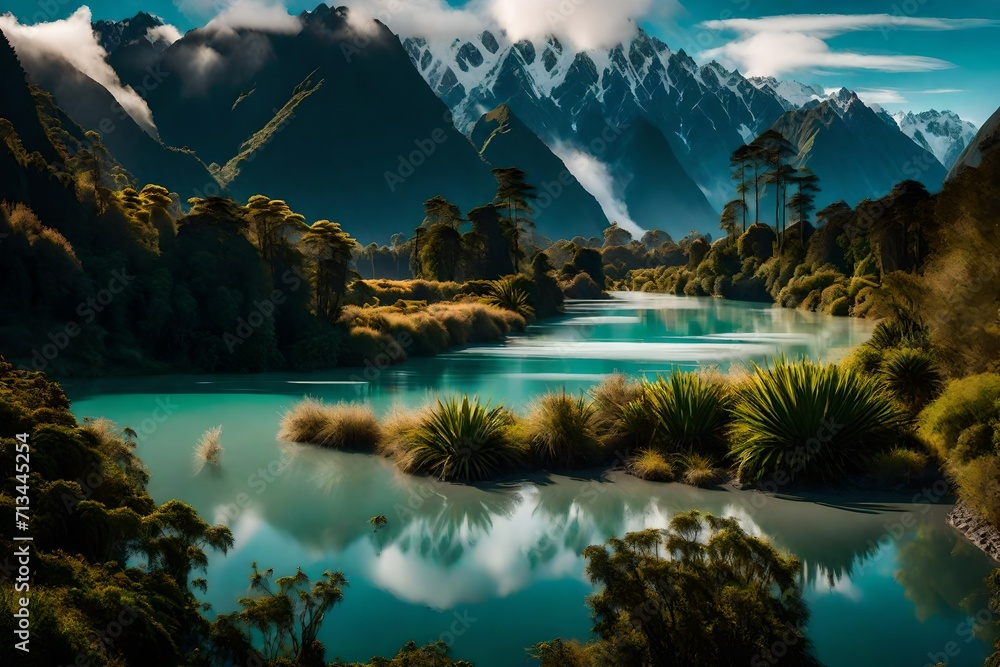 An enchanting view of the Westland District with Fox Glacier, where the morning fog embraces the mountains, creating a magical landscape at Lake Matheson. An enchanting view of the Westland District with Fox Glacier, where the morning fog embraces the mountains, creating a magical landscape at Lake Matheson.
