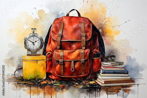 Watercolor school bag and books illustration Yellow backpack with school supplies next to the globe, red apple and glasses on the black school board background