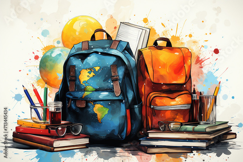 Watercolor school bag and books illustration Yellow backpack with school supplies next to the globe, red apple and glasses on the black school board background photo