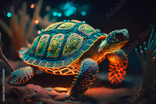 Shiny red & blue sea turtle generated with ai
