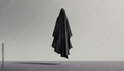 Surreal 3D rendering of a black cloaked figure floating with no visible face, evoking a ghostly or sinister presence.