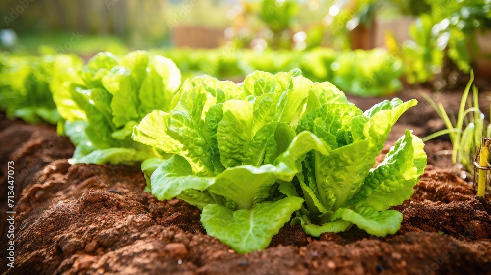 Lush garden with growing cabbage and lettuce, a vibrant mix of fresh vegetables in nature's embrace Lush garden with growing cabbage and lettuce, a vibrant mix of fresh vegetables in nature's embrace