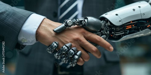 Businessman hand shaking with AI robot hand , concept of Al technology banner