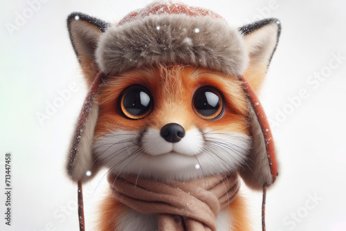 portrait of a frozen cute fox with bulging big eyes isolated on a solid white background. ai generative