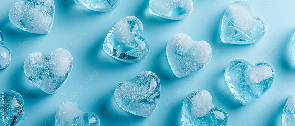 Frozen ice crystal hearts shaped. Flat lay. Valentines day concept. Generative ai,