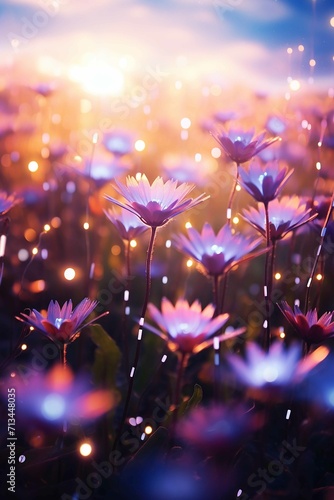 A field of flowers blooming in the sun, Fairy light, parallax photography, futuristic