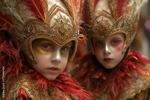 Funny children in colorful masks and costumes on the street at traditional Carnival in Venice. Venetian carnival. Mardi Gras, masquerade party or holiday event