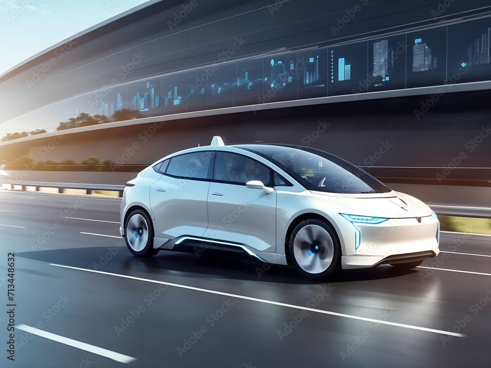 Automated self-driving futuristic electric cars driving on highways as wide banners with statistics of process infographic and efficiency as a wide banner with copy space area
