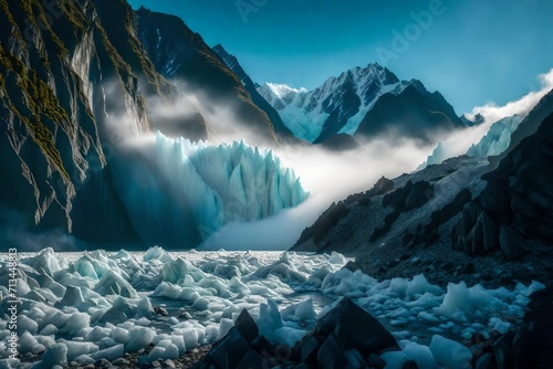 Fox Glacier in the early morning light, a detailed HD shot capturing the glacier's textures, with mountains in the background blending into the mystical morning fog.
