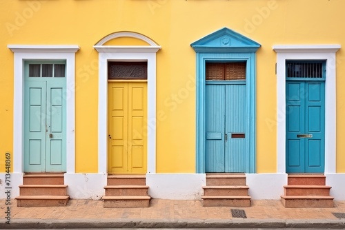  a row of blue and yellow doors sitting next to each other in front of a yellow building with steps leading up to them.