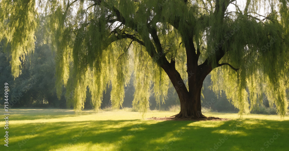 A picturesque summer day under a weeping willow tree, its graceful branches hanging down in a gentle dance. A picturesque summer day under a weeping willow tree, its graceful branches hanging down in a gentle dance.