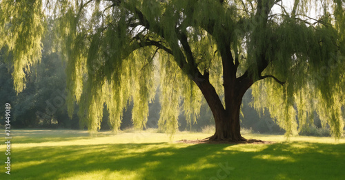 A picturesque summer day under a weeping willow tree, its graceful branches hanging down in a gentle dance.