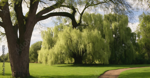 A serene landscape featuring a weeping willow tree with long, flowing branches against a summer sky. photo