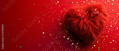Red fluffy heart on a red background with gold confetti. Pillow with fur texture. Valentine's Day card. Generative AI.