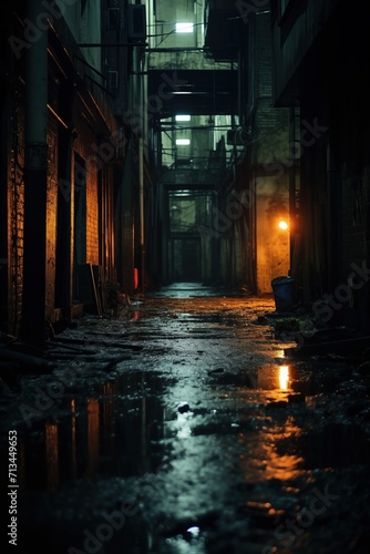 Urban Twilight Serenade: Nocturnal Backstreet Charm. Dark alley with worn architecture and captivating graffiti tales. Generative AI