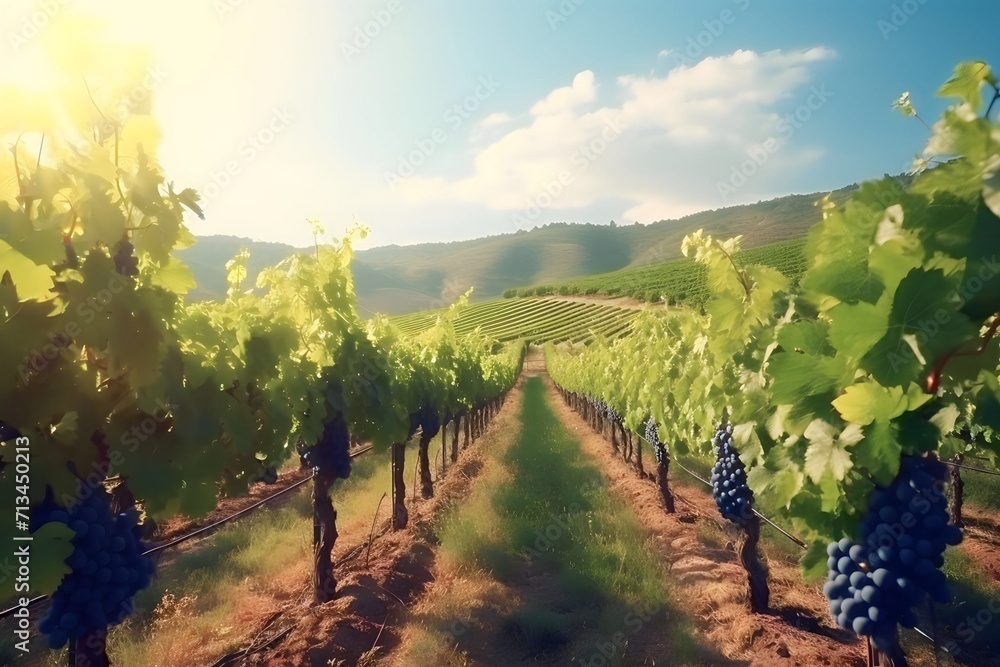 Naklejka premium The grape fields in the hills are starting to grow grapes