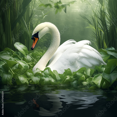 A Swan is swimming in a green forest of leaves