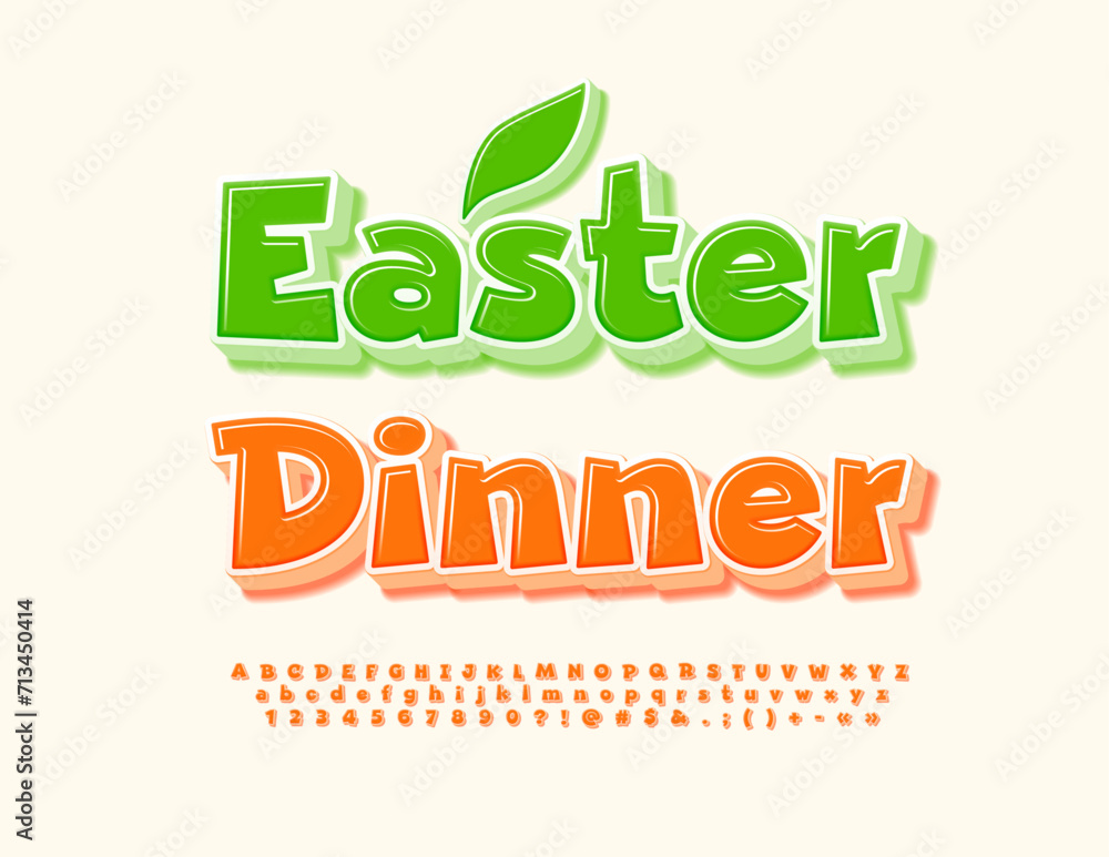 Fototapeta premium Vector cute template Easter Dinner. Orange creative Font. Bright 3D Alphabet Letters and Numbers set.