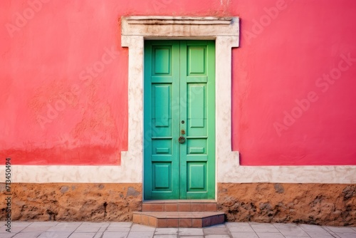  a green door sits in front of a red wall with a brick step in front of it and a green door on the side of the building.