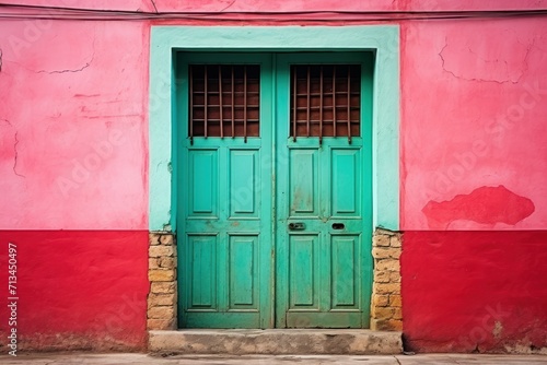  a green door sits in front of a pink and red building with a red brick wall and a green door.