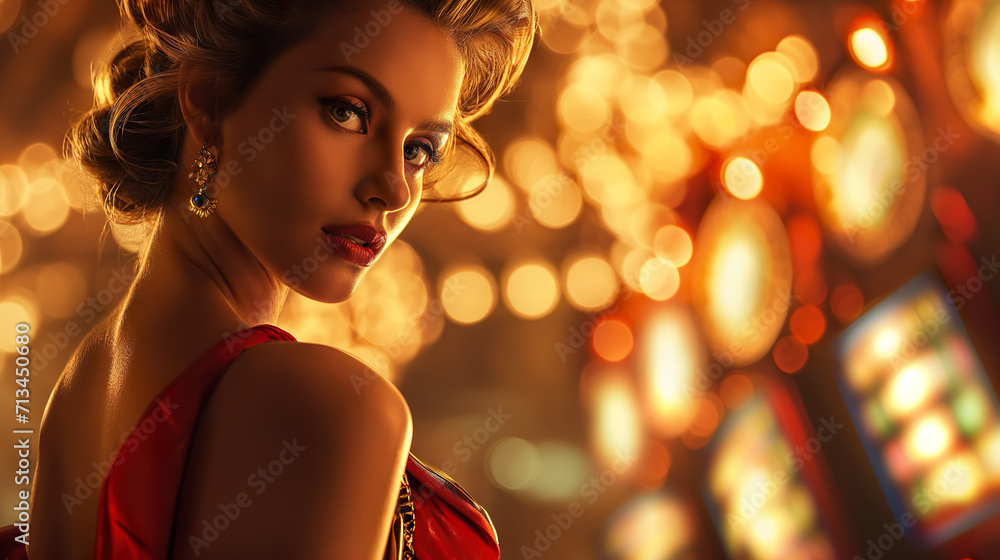 A beautiful girl, in elegant clothes, is in the gambling hall of a casino A beautiful girl, in elegant clothes, is in the gambling hall of a casino