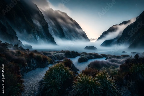 A mysterious mist hovering around Fox Glacier, creating an ethereal atmosphere in the early morning