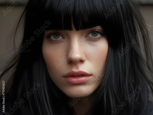 Portrait of a young woman with green eyes and black hair with bangs.