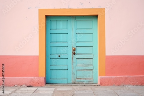  a blue door sits in front of a pink and yellow wall with a blue door on the side of the building.